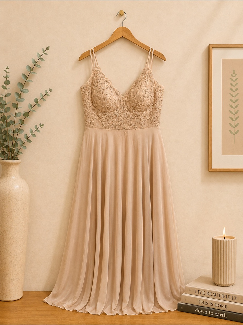 Azazie Beige Lace Bodice Chiffon Maxi Dress